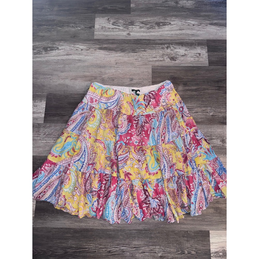 Lauren Ralph Lauren 2X Linen Paisley Tiered Mini Skirt Yellow Pink Blue Boho